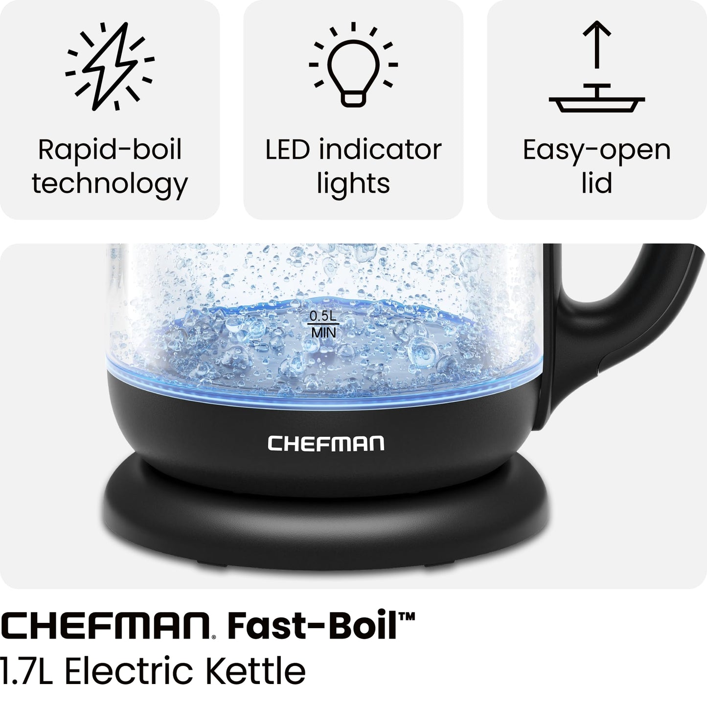 Chefman | Tetera con Jarra de Cristal | Hervidor Eléctrico de 1.7 Litros | Base de 360 Grados | Luz Led