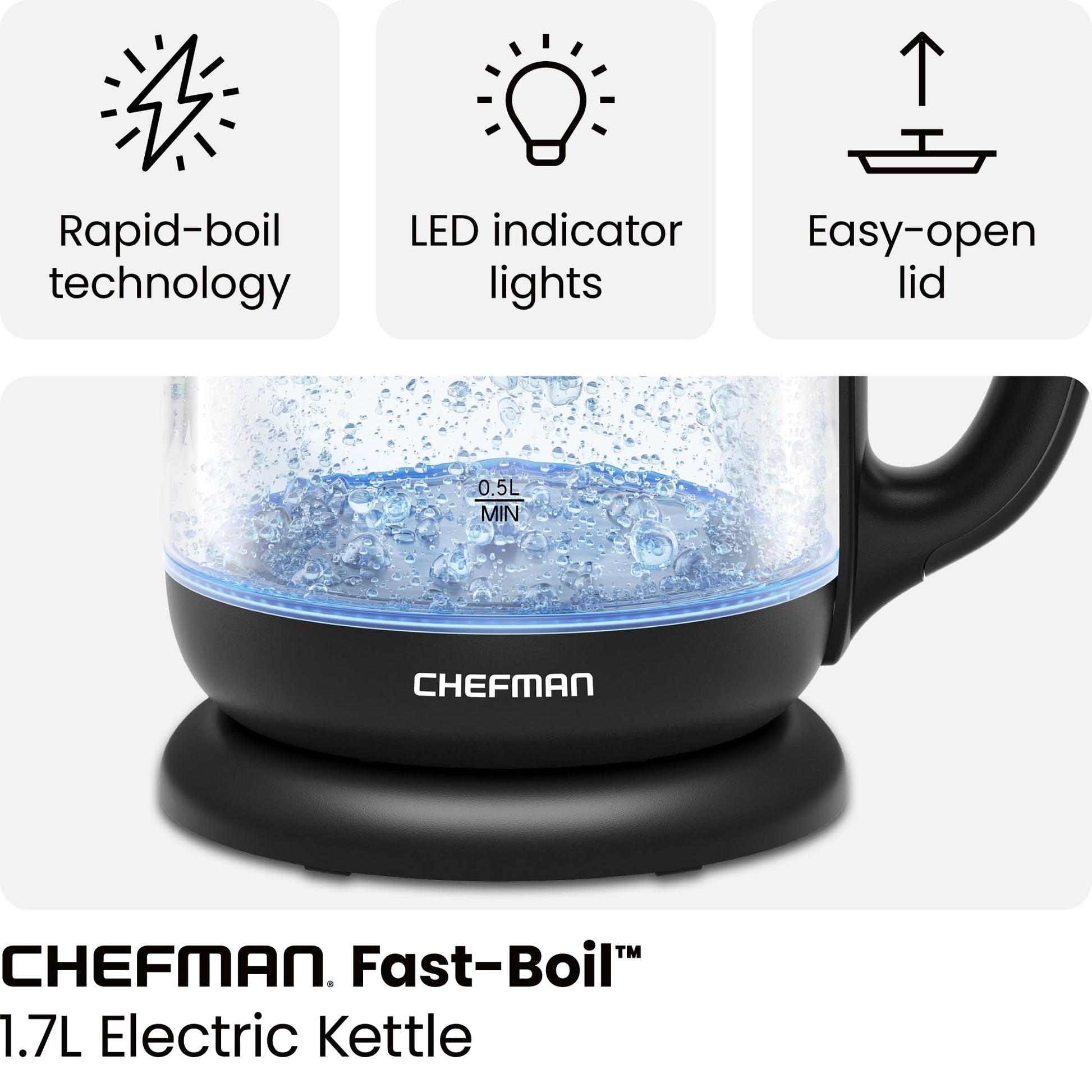 Chefman | Tetera con Jarra de Cristal | Hervidor Eléctrico de 1.7 Litros | Base de 360 Grados | Luz Led