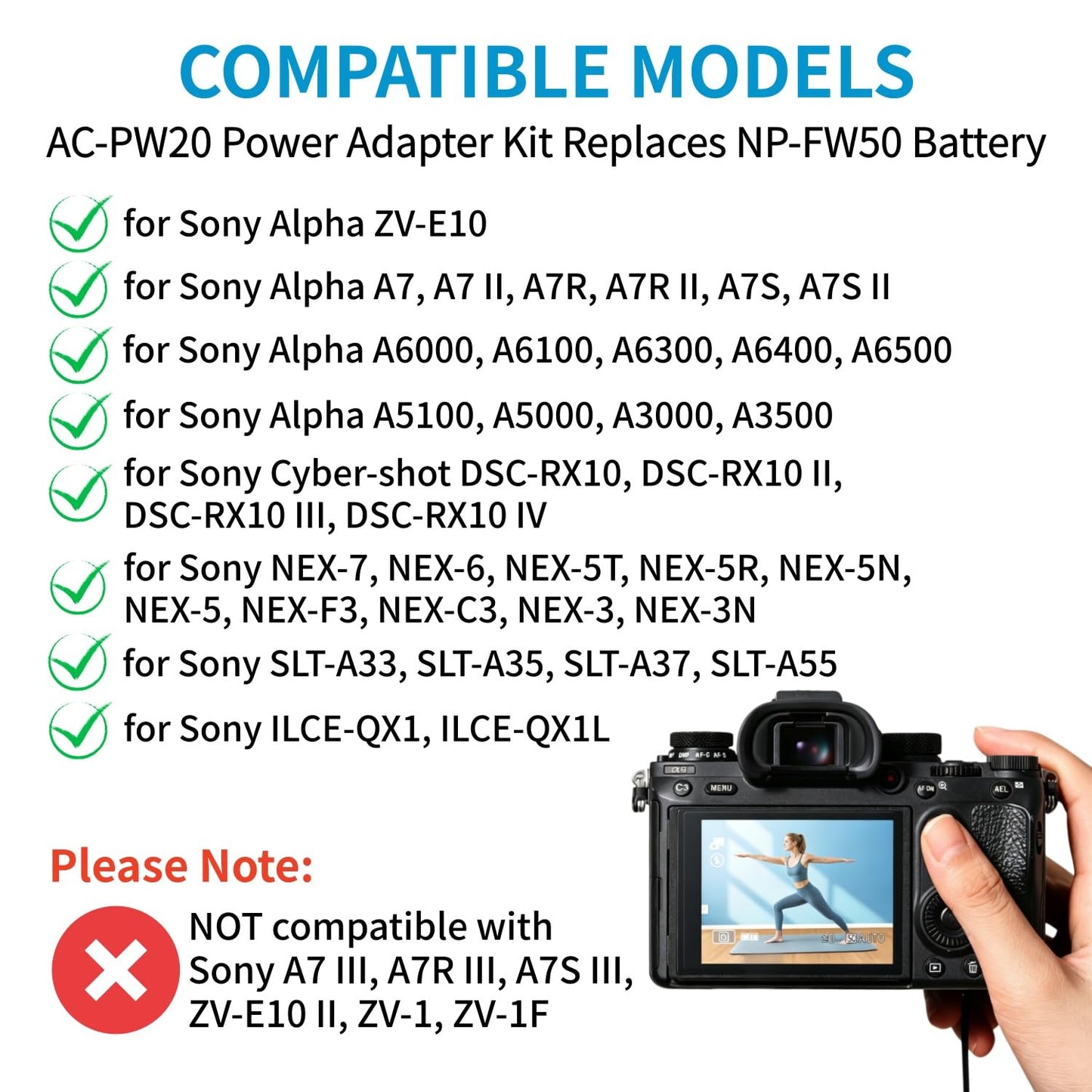 Kimaru AC-PW20 Adaptador de Fuente de Alimentación NP-FW50 Kit de Batería Dummy para Sony Alpha ZV-E10 A6000 A6100 A6300 A6400 A6500 A5000 A5100 A7 A7II A7RII A7S A7SII RX10II III IV Cámaras.