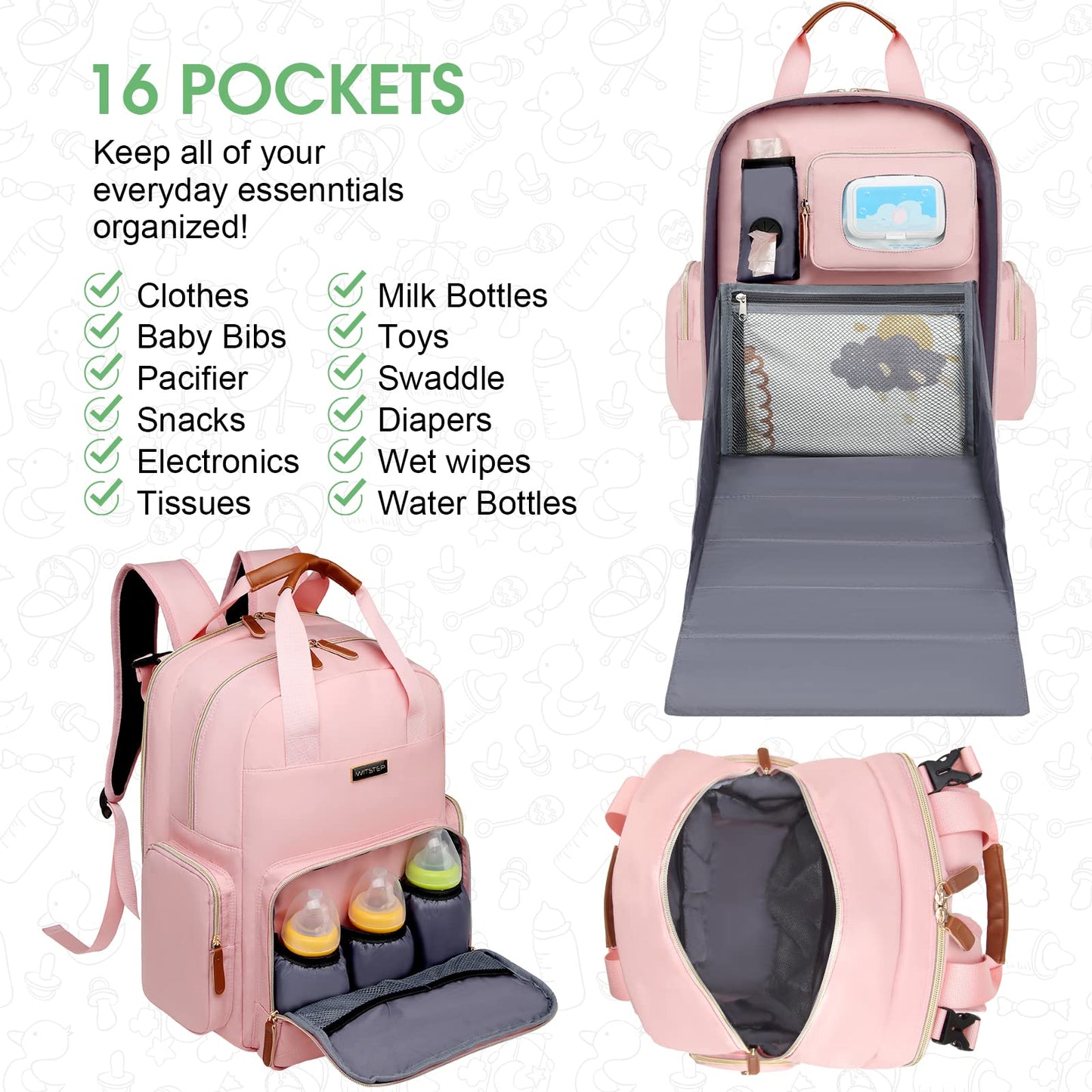 WITSTEP - Mochila para pañales con estación de cambio, organizador de pañales para bebés, para mamás, papás, bolsas grandes para cambiar de bebé, Rosado, Large, Mochila para pañales con cambiador