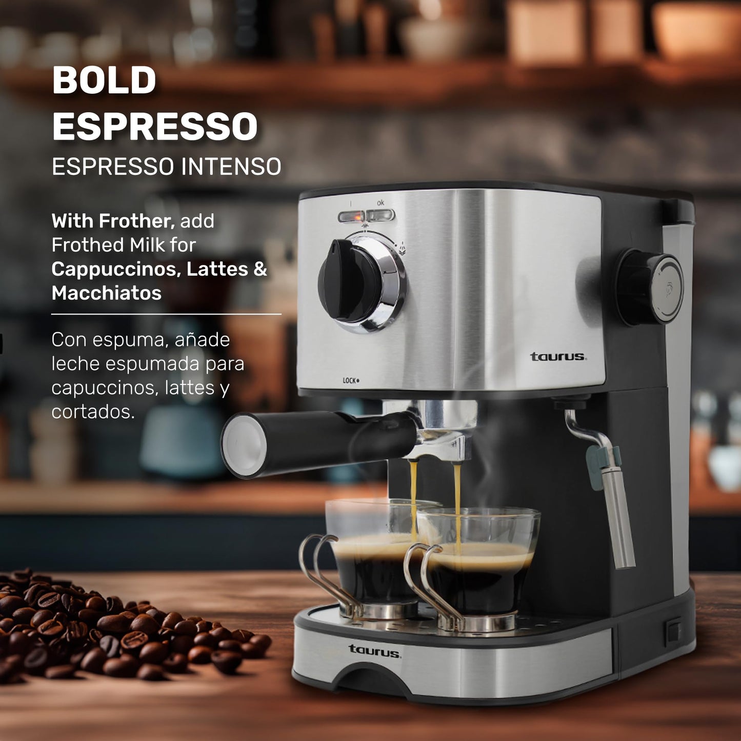 Cafetera TAURUS EUFORIA Acero Inoxidable 20 Bares con Espumador de Leche y Control de Vapor