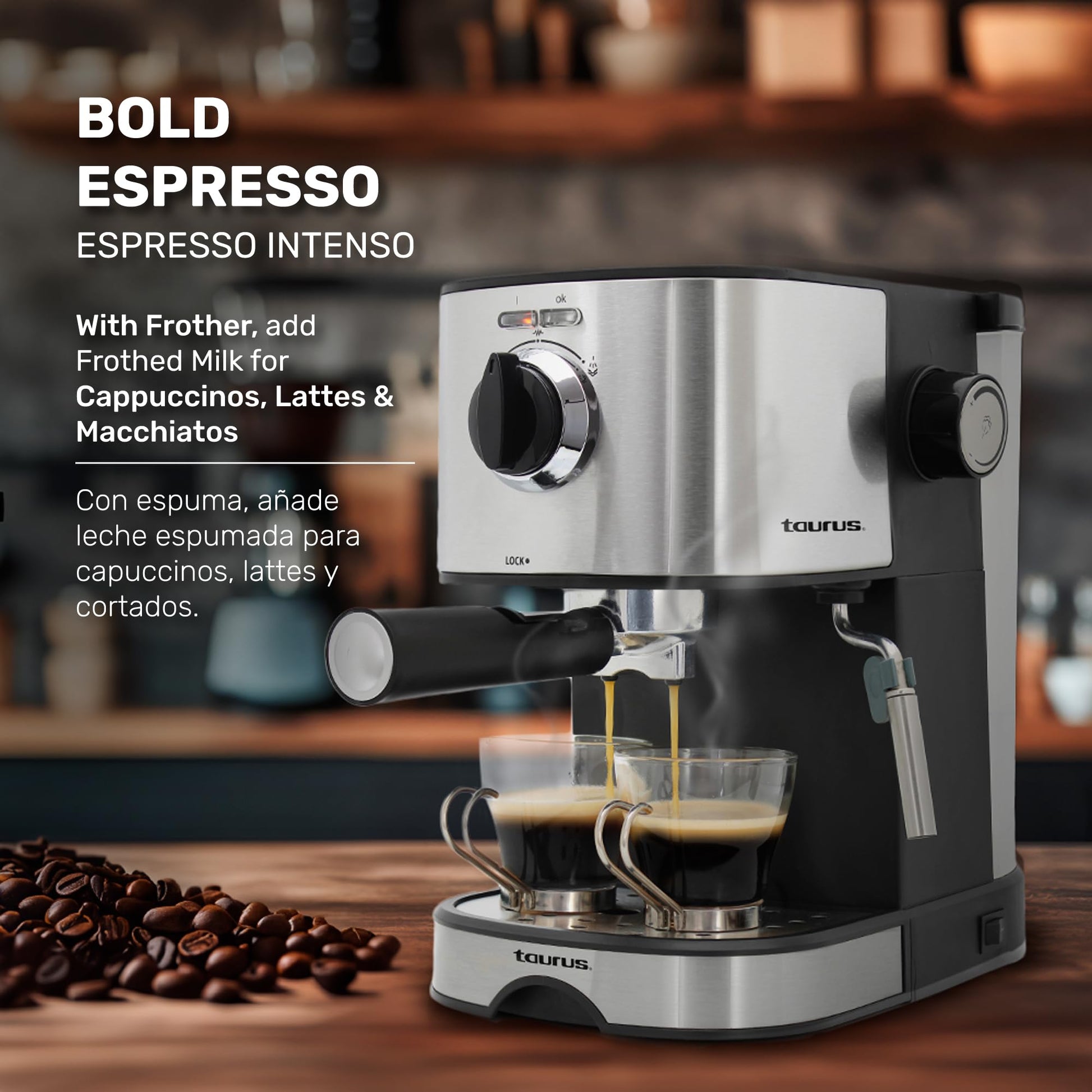 Cafetera TAURUS EUFORIA Acero Inoxidable 20 Bares con Espumador de Leche y Control de Vapor