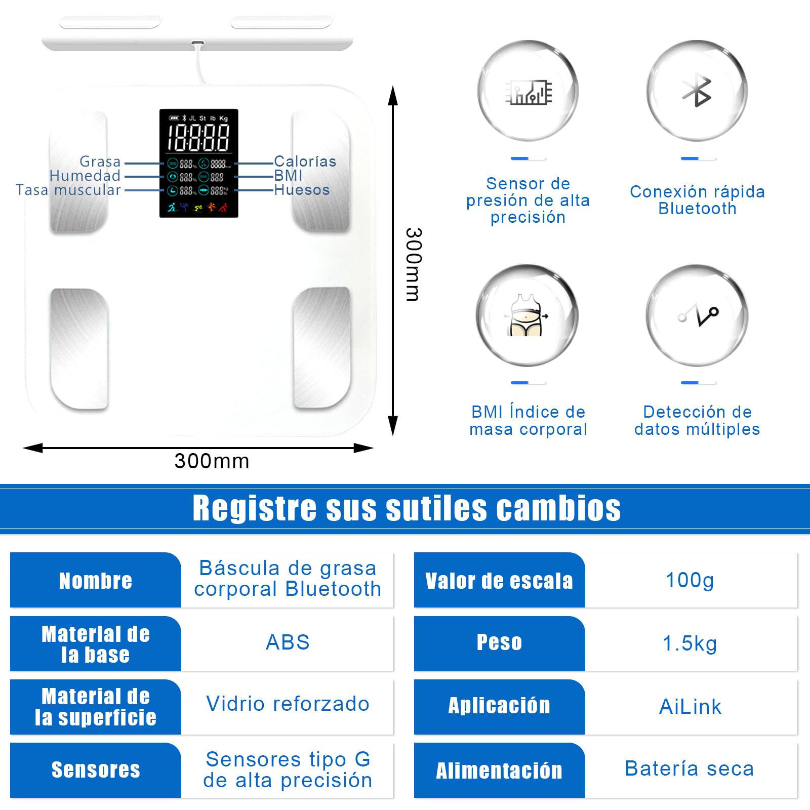 EDWINAYY Báscula Inteligente 8 Electrodos - Analizador Corporal Bluetooth con Bioimpedancia | Mide Grasa/Músculo/Hueso