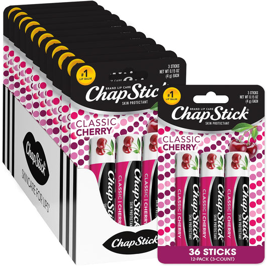 ChapStick- Bálsamo labial, cereza clásica, paquete de 3 (12 juegos/36 tubos), cuidado labial a granel, afrutado y dulce, 0,15 oz cada uno
