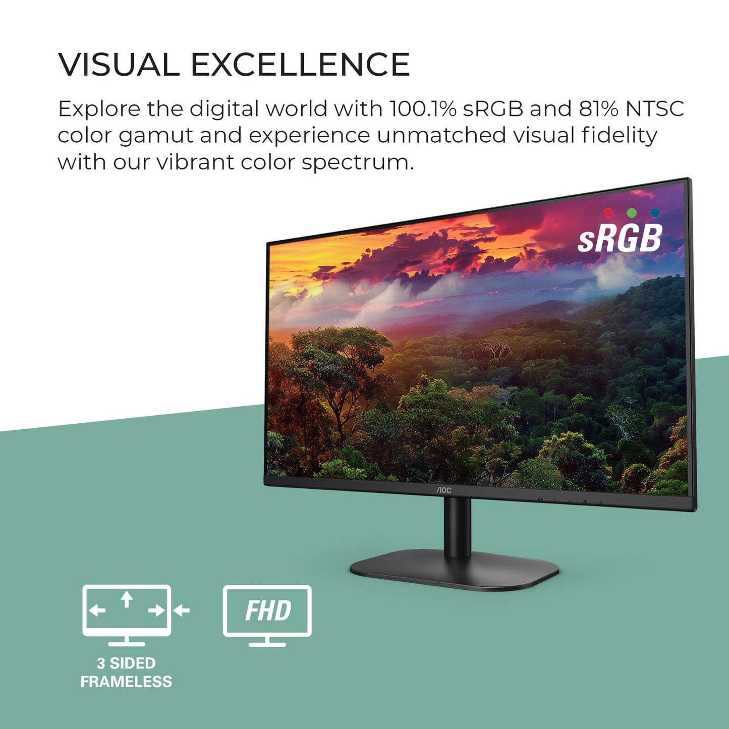 AOC 24B2H2 Monitor IPS sin Marco de 24 Pulgadas, FHD 1920 x 1080, 100 Hz, 106% sRGB, para hogar y Oficina, HDMI x2, Modo Azul bajo, Compatible con VESA, Negro