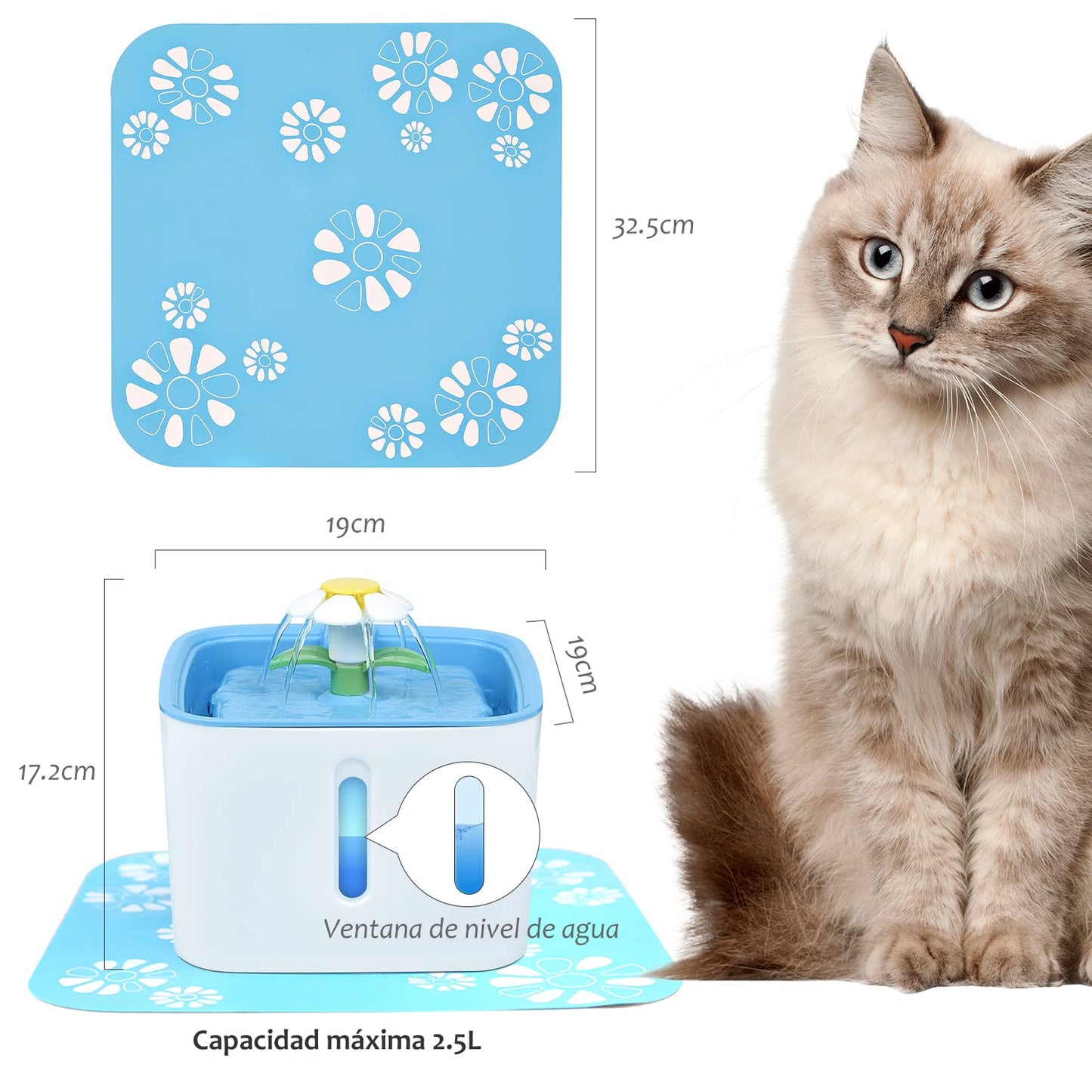 KAMYSEN 84.5OZ/2.5L Bebedero Chico para Gato，Mini Filtro de Fuente, Minifuente de Agua，Flower Water Fountain con 1 filtros de carbón de Intercambio，Proporciona Agua filtrada Fresca para su Mascota