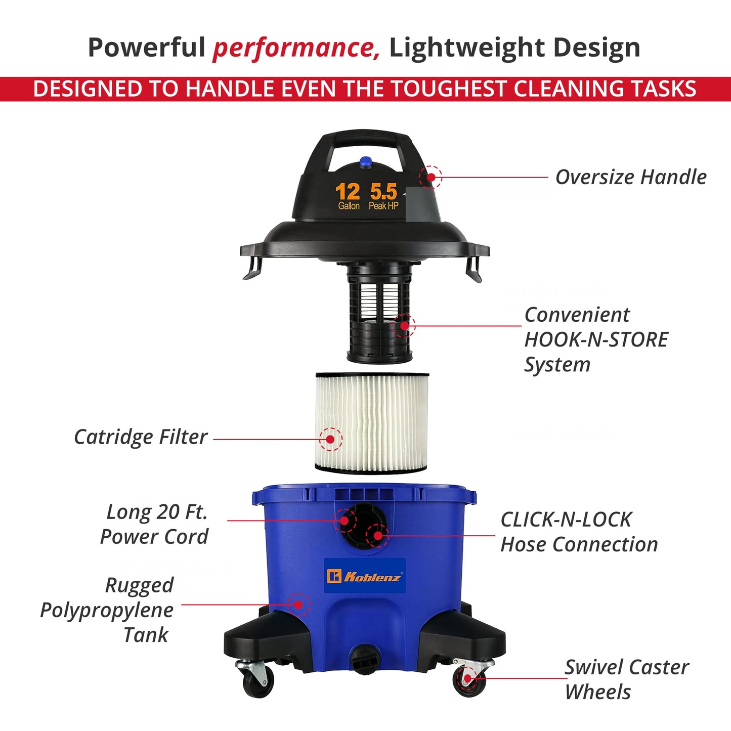Koblenz Aspiradora Seco Mojado Eléctrica con Sistema de Expulsión de Aire Incluye Accesorios, válvula de Drenaje y Tanque con Capacidad de 12 galones y Motor de 5.5 HP Modelo WD-12 L4