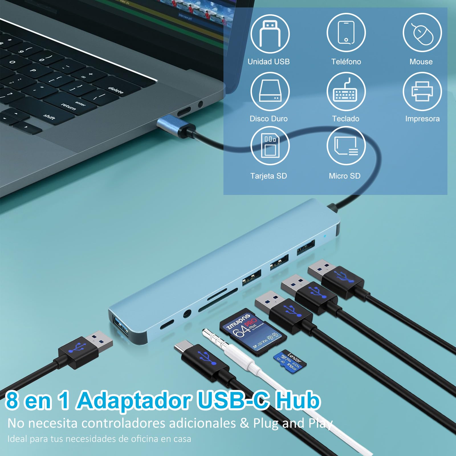 HeiLuon Hub USB C 8 en 1,USB 3.0 con Jack 3.5mm, Adaptador de Puertos USB Múltiple para Laptop, 4 Puertos USB, 1 Puerto USB-C, Lector de Tarjetas TF & SD, Compatible con MacBook, ProPad y Tablets
