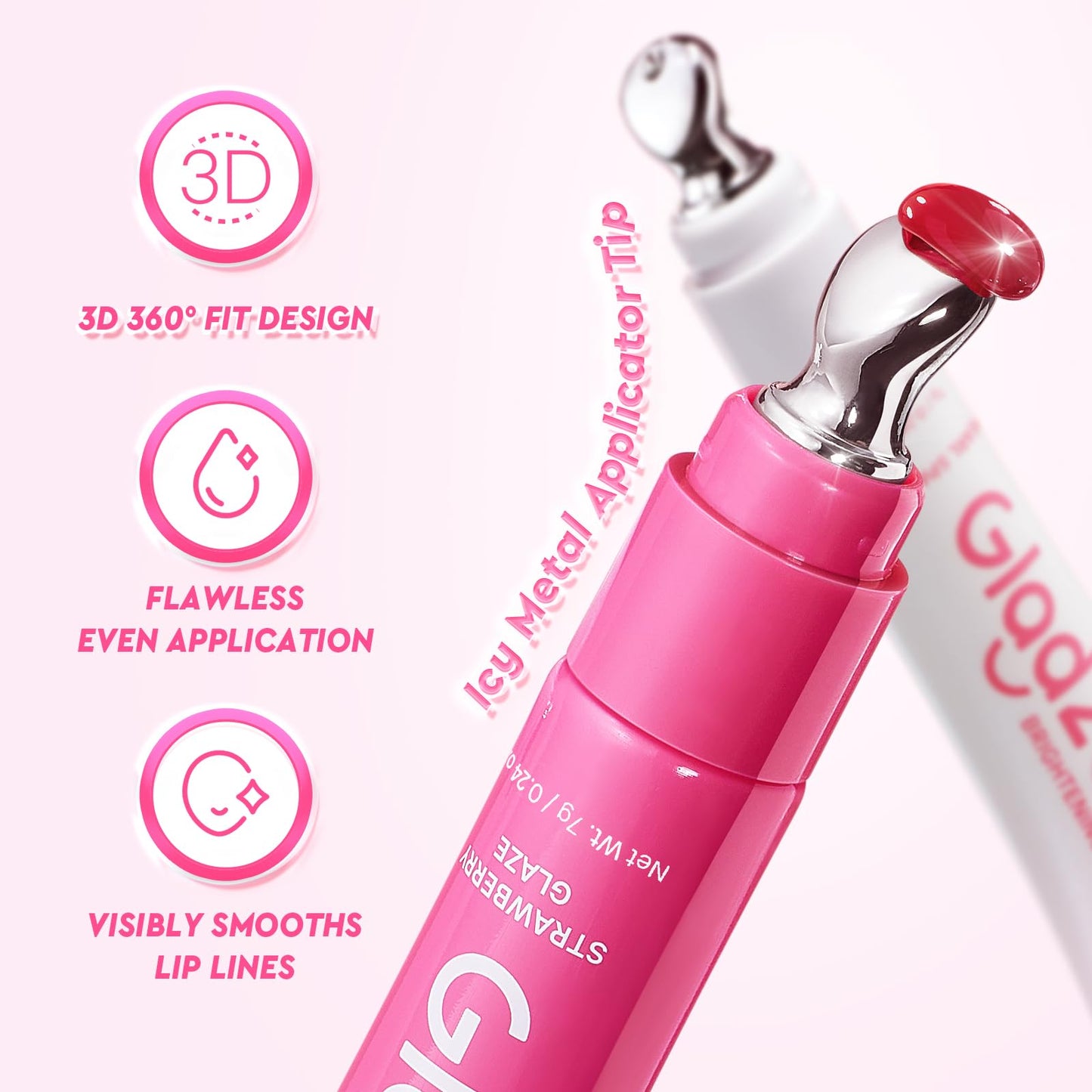 Glad2Glow sérum labial 3 en 1 con efecto iluminador, bálsamo labial con color con VC-IP y Vitamin E, brillo ligero no pegajoso con charm a juego (01 Strawberry Pink)