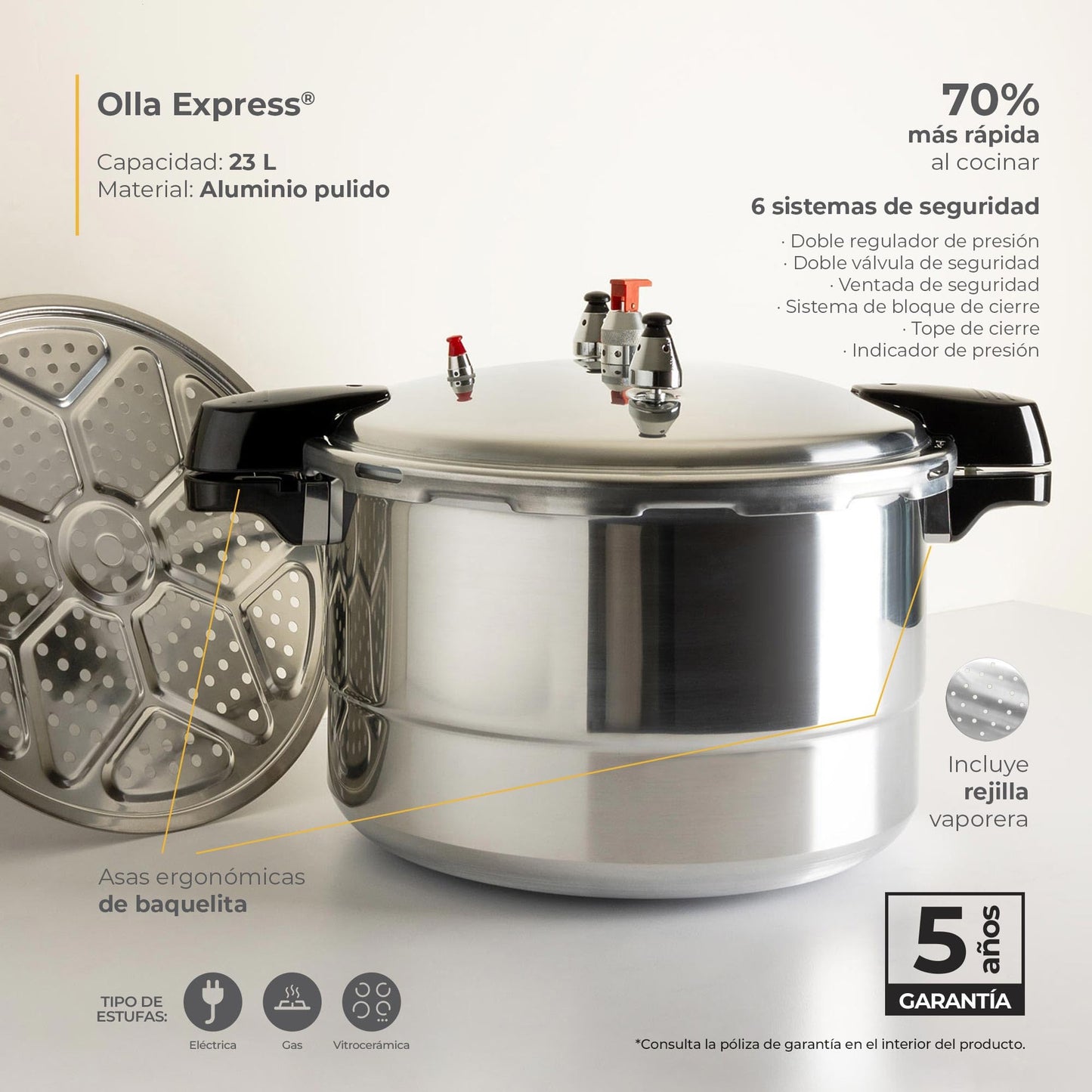 Olla Express Ekco Aluminio 23 Litros con 6 Sistemas de Seguridad