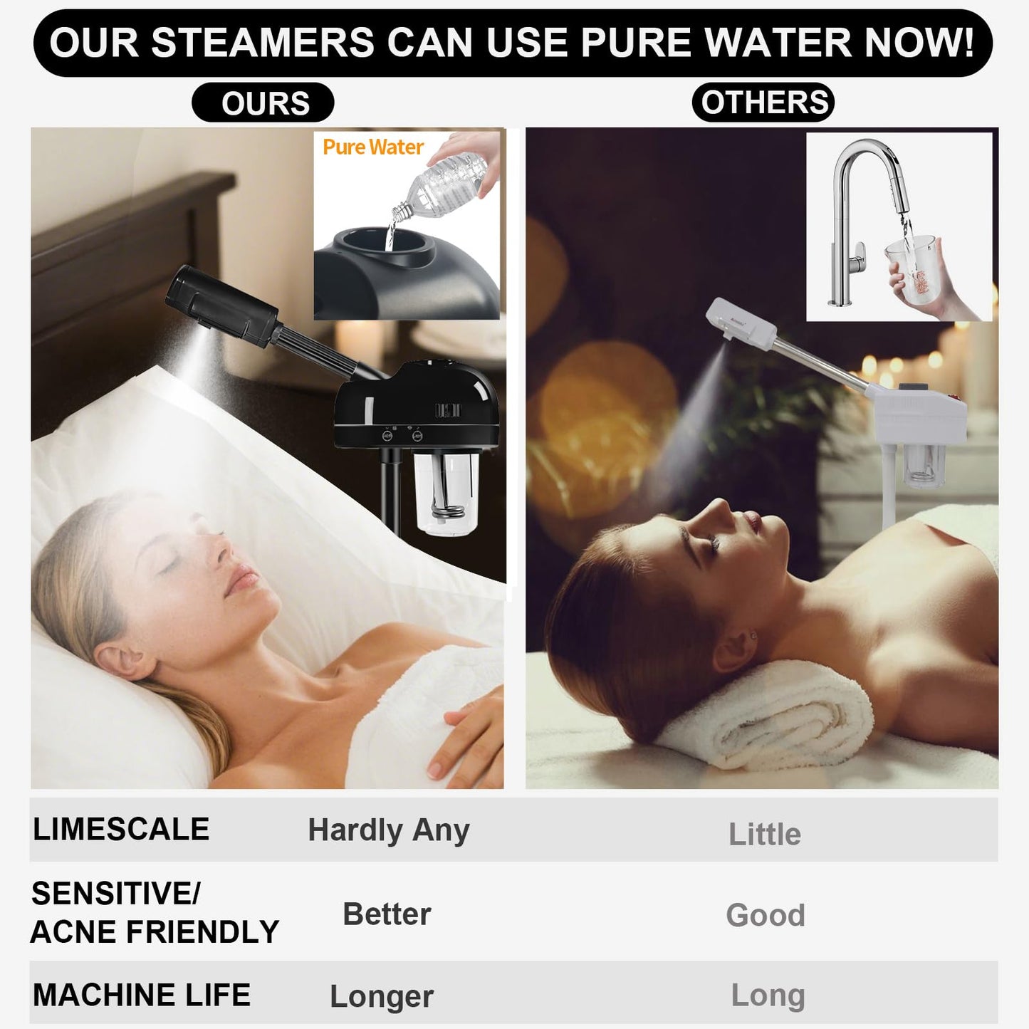 Vaporizador facial de ozono profesional con soporte, control táctil, función de niebla caliente, altura ajustable y base rodante, boquilla giratoria de 360°, uso para el hogar, salón de spa (negro)