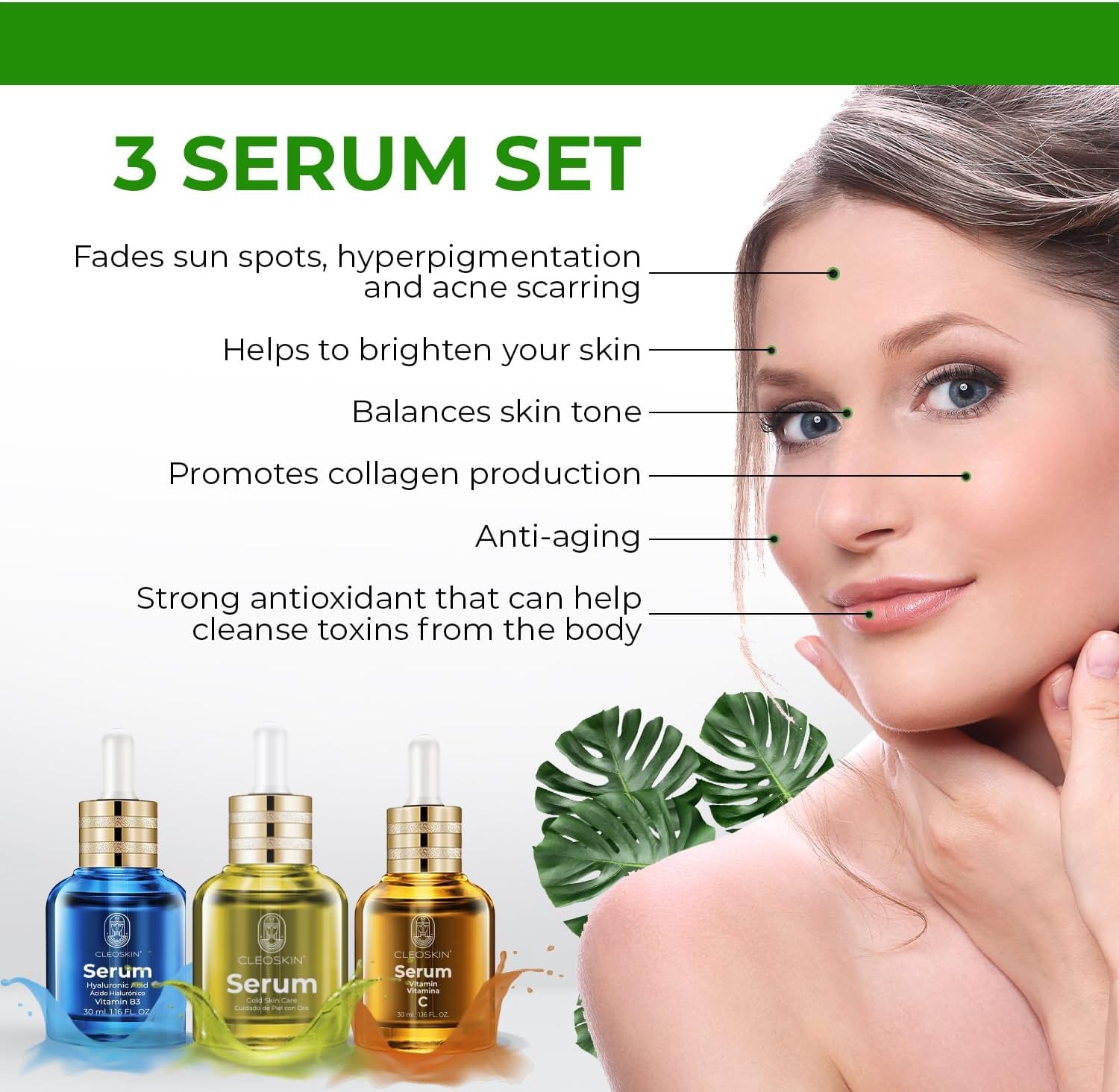 CLEOSKIN Kit 3 sueros faciales, Serum Vitamina C (ácido ascórbico), Serum Ácido Hialurónico con Niacinamida y Serum 24k Oro, para el cuidado de la piel, skincare