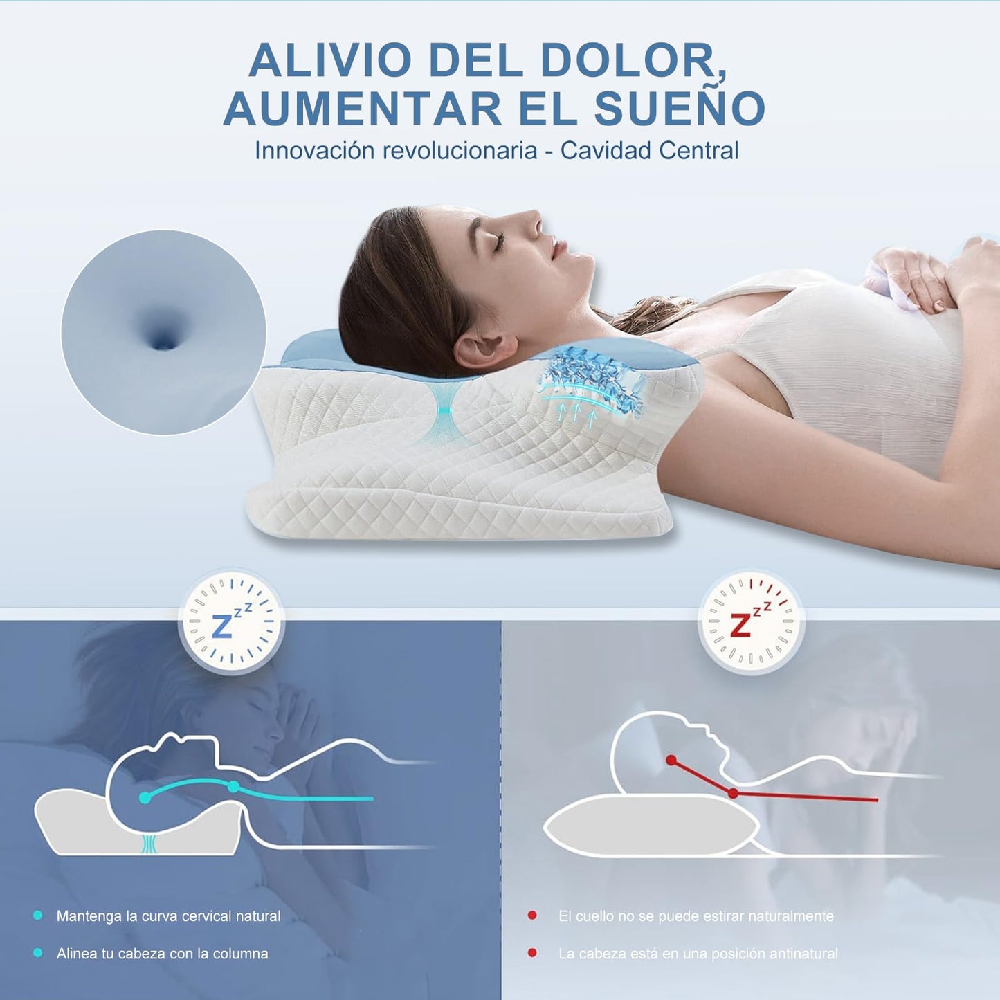 JeeLeeko Almohada Cervical de Espuma con Memoria 2en1 Almohada Ortopédica Ergonómica para Dolor de Cuello y Soporte Contorneado para Dormir de Lado, Espalda o Estómago (Embalaje Normal, Azul)