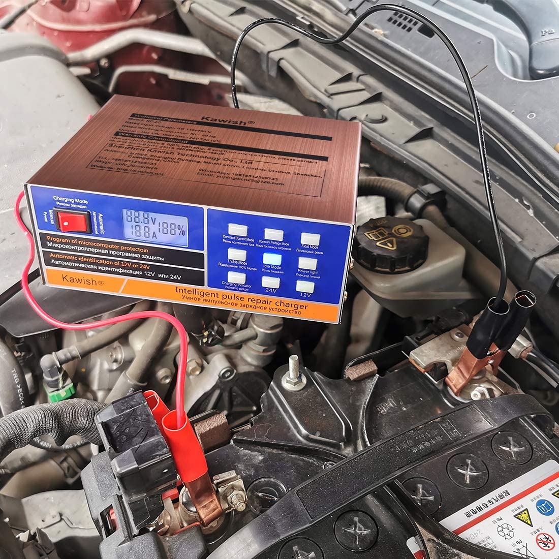 Kawish - Cargador de batería automático completo para coche, 12 V/10 A, 24 V/7.5 A, cargador de batería inteligente para reparación de pulsos, camión, motocicleta, con cepillo para polvo de limpieza