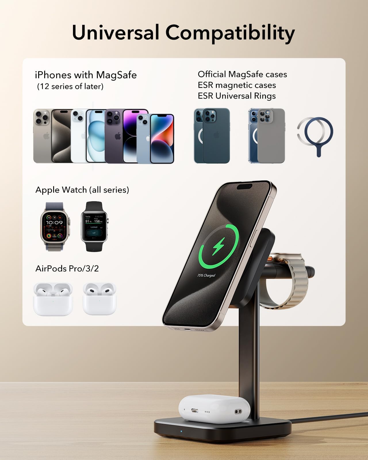 Estación de Carga Inalámbrica ESR Qi2 Negra 3 en 1 para iPhone y Apple Watch