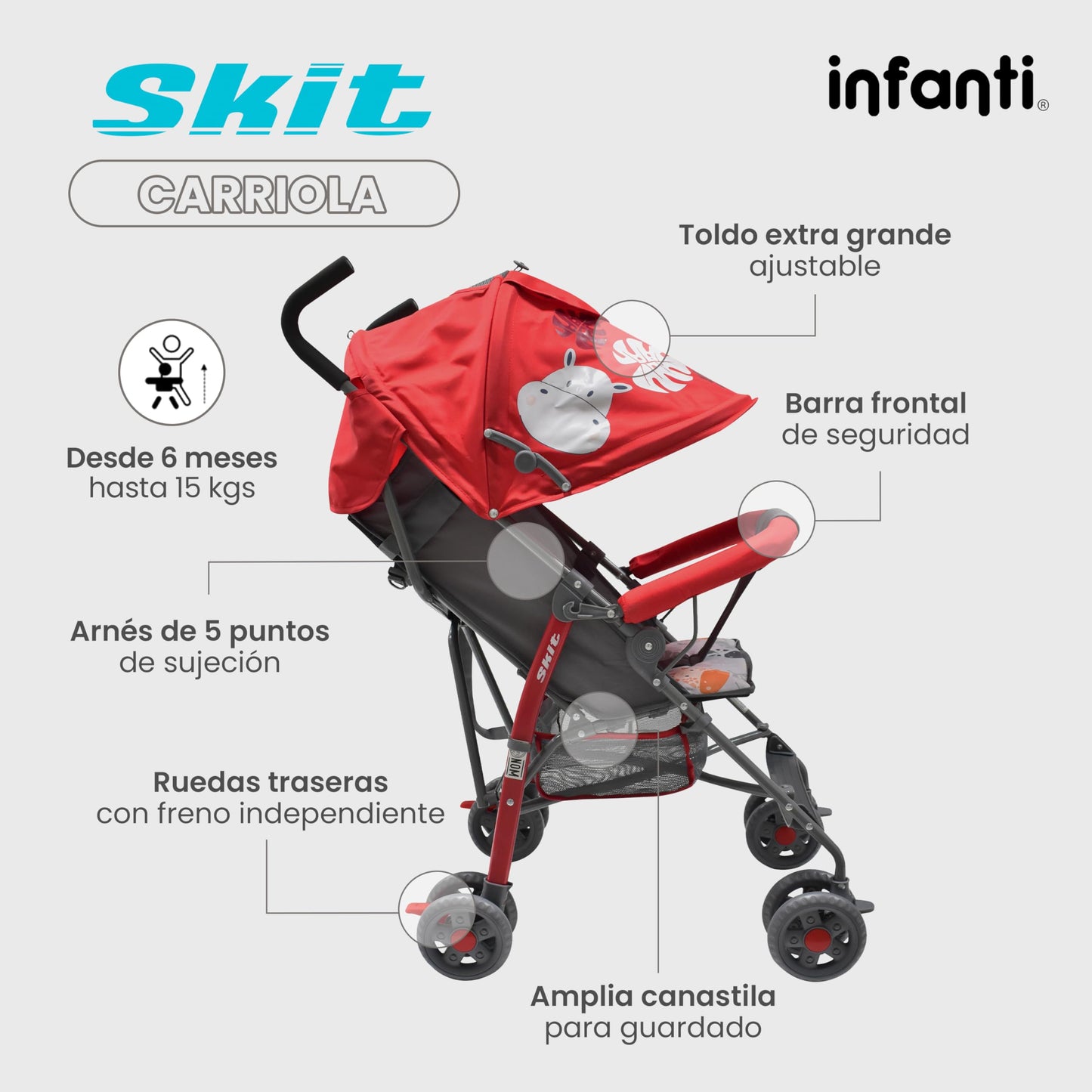 INFANTI | Carriola para Bebe de Baston SKIT | Carriola de Viaje - Carrito para Bebe | Cosas para Bebes 6 Meses hasta 15 kg - Compacta y Plegable | Carriola de Baston Ligera con Arnés de Seguridad