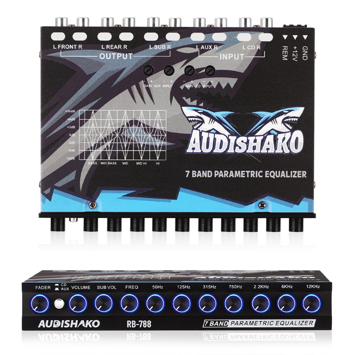Ecualizador de Automóvil AUDISHAKO Negro con 7 Bandas y 4 Entradas RCA para Coches, Camionetas y Todoterrenos