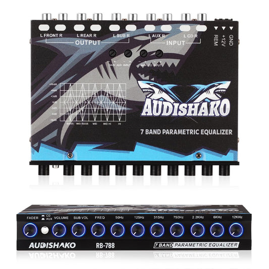 Ecualizador de Automóvil AUDISHAKO Negro con 7 Bandas y 4 Entradas RCA para Coches, Camionetas y Todoterrenos