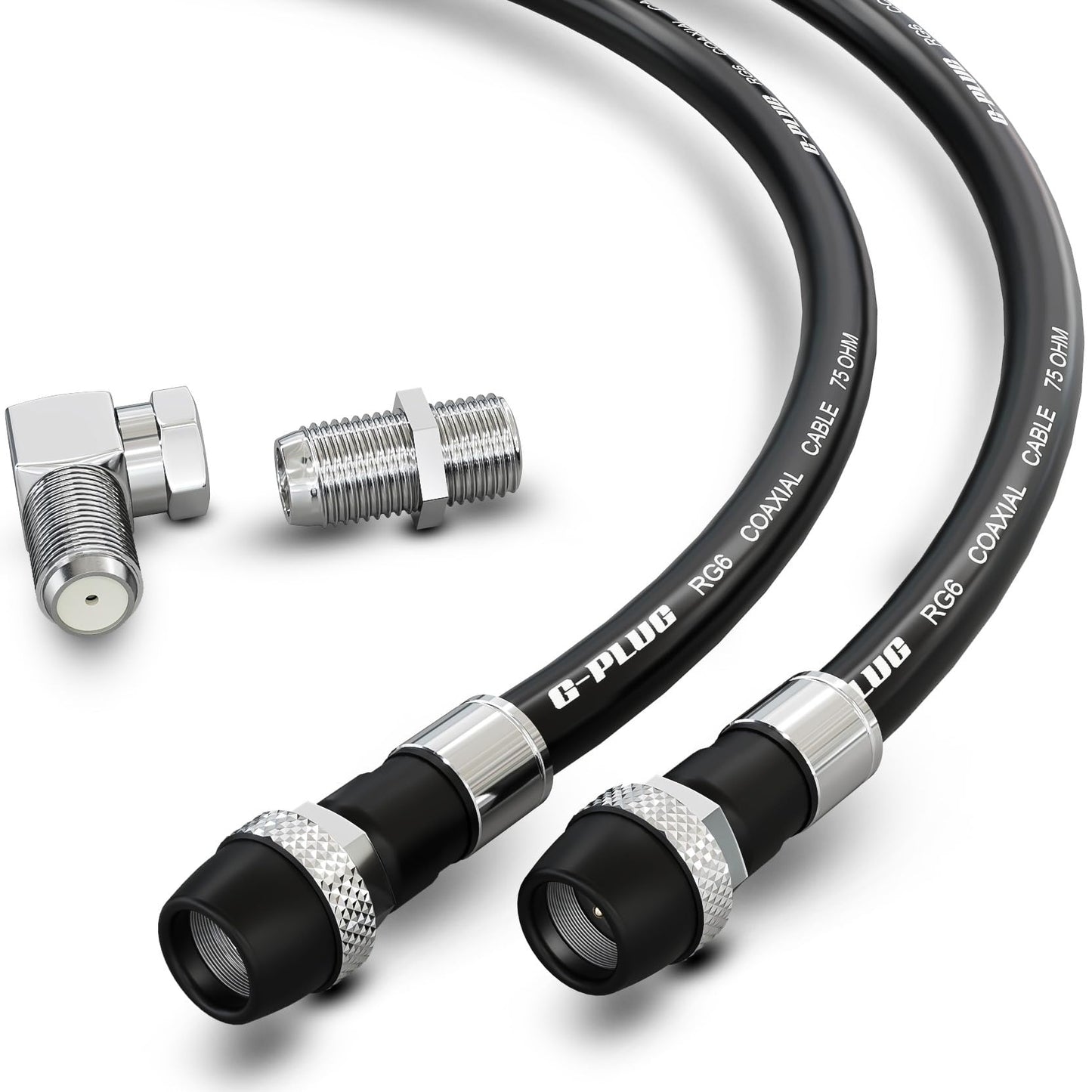 G-PLUG Cable Coaxial RG6 75 Ohm, Triple Blindaje, Impermeable, Conectores F Tipo Macho a Macho, Cable Antena TV, Satelital e Internet Banda Ancha, Incluye Acoplador F81, Negro