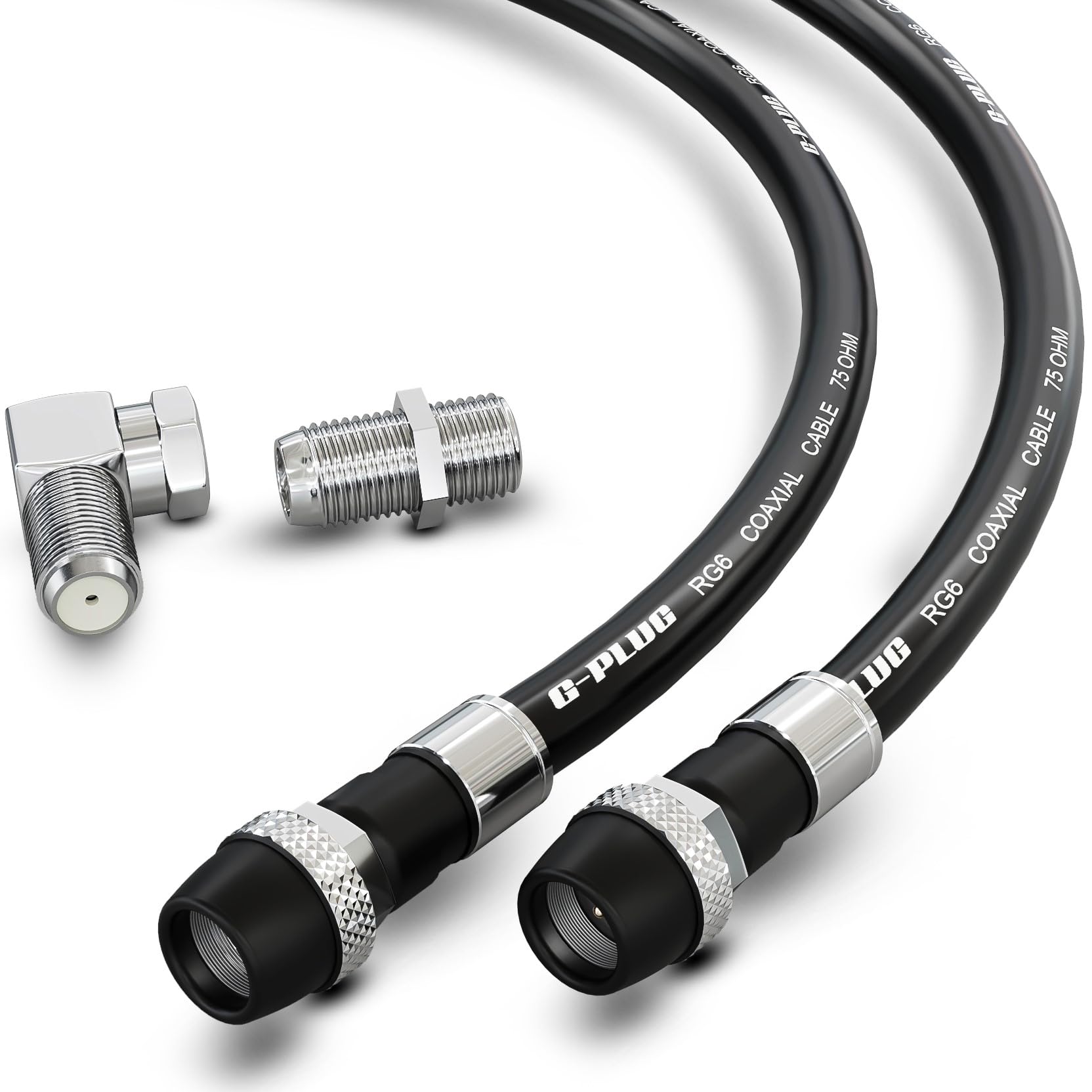 G-PLUG Cable Coaxial RG6 75 Ohm, Triple Blindaje, Impermeable, Conectores F Tipo Macho a Macho, Cable Antena TV, Satelital e Internet Banda Ancha, Incluye Acoplador F81, Negro