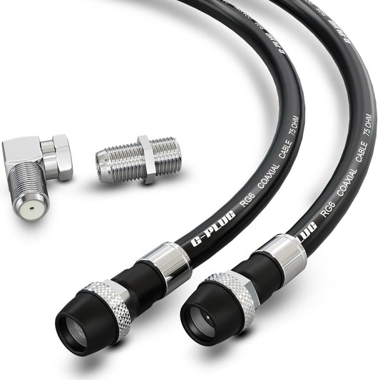 G-PLUG Cable Coaxial RG6 75 Ohm, Triple Blindaje, Impermeable, Conectores F Tipo Macho a Macho, Cable Antena TV, Satelital e Internet Banda Ancha, Incluye Acoplador F81, Negro