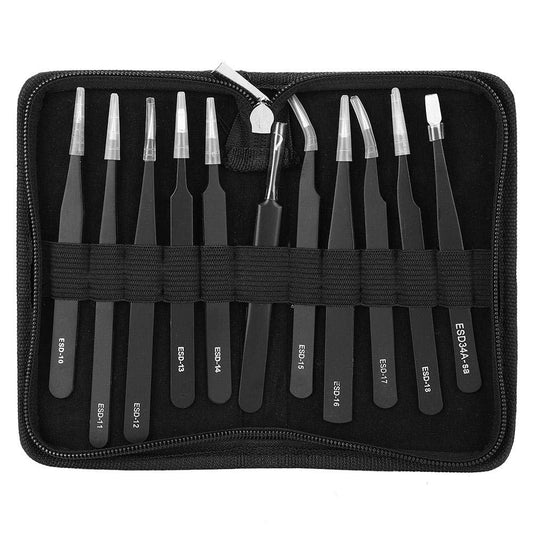 Garosa 11 piezas Juego de pinzas de precisión kit de pinzas antiestáticas ESD de acero inoxidable con bolsa portátil Kit de Herramientas de reparación para Reparación Electrónica(#1)