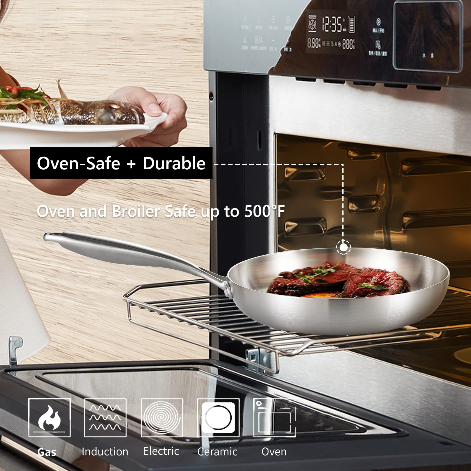 LOLYKITCH - Juego de sartenes de acero inoxidable de tres capas de 10 a 12 pulgadas, sartenes, sartén de chef, sartenes de cocina de inducción, aptas para lavaplatos y horno, mango desmontable.