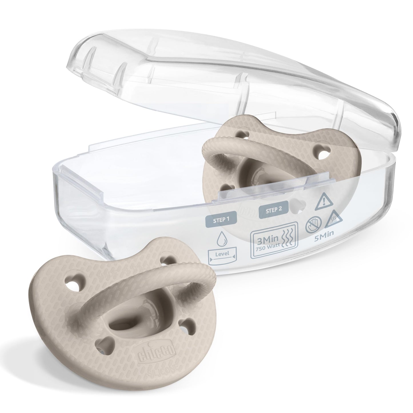 Chicco PhysioForma® - Chupete de silicona de lujo de una pieza para bebés de 6 a 16 m | Escudo texturizado de moda | Sin BPA y látex | Funda esterilizante reutilizable | Gris, 2 unidades