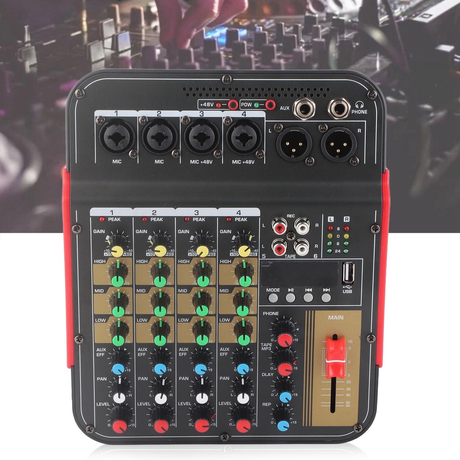 Mesa de Mezcla YYQTGG Metal 4 Canales Profesional con Controlador de Volumen MP3 y Ecualizador 3 Bandas