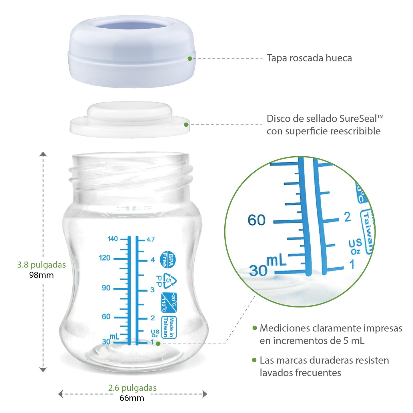 Biberón de recolección para almacenamiento y alimentación de leche Maymom de boca ancha con tetina, tapa tipo cúpula, tapa superior y disco de sellado SureSeal; compatible con extractores Spectra/Motif Luna; 5 piezas (4.7 oz / 140 mL).
