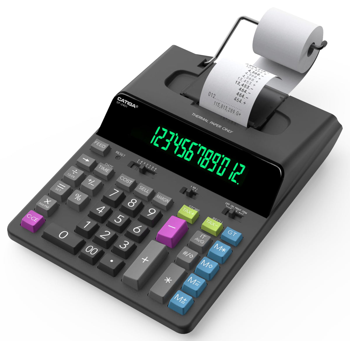 CATIGA SP-2401 - Calculadora de impresión térmica de 12 dígitos con cinta de impresión, máquina de adición sin tinta, 5 veces más rápida bastante a 8.0 LPS, visualización fluorescente extragrande