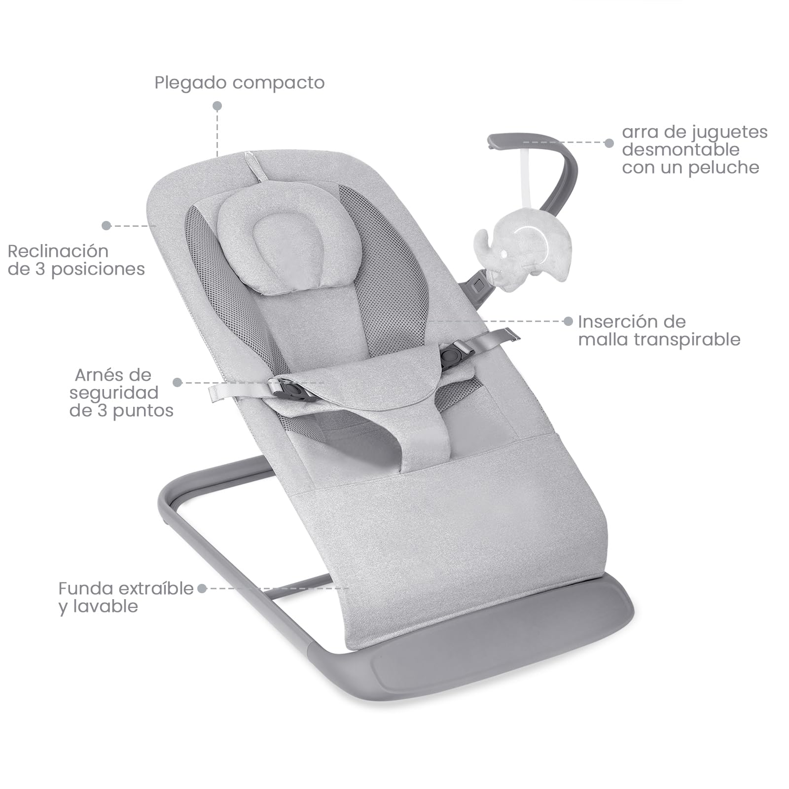 Columpio Portátil Muja Lujo Ajustable con Asiento Transpirable y Arnés de 3 Puntos