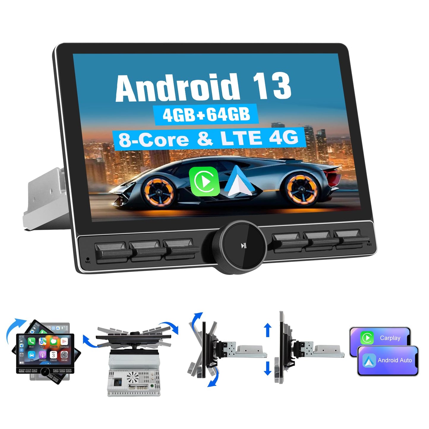 Radio de coche estéreo universal de 8 núcleos con visualización táctil giratoria 10.6, Android 13 [4 GB+64 GB]