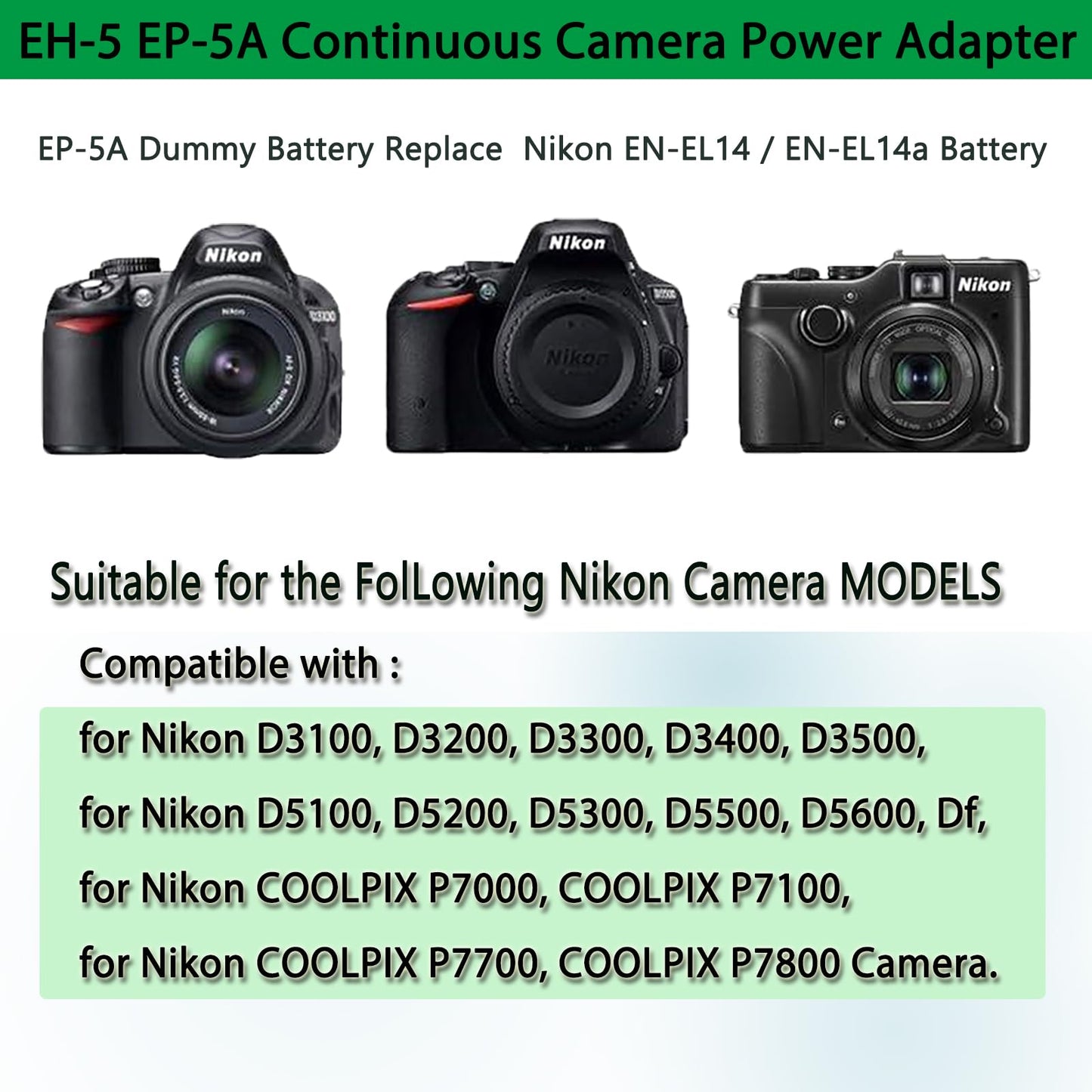 Gonine EH-5 adaptador más EP-5A kit - repuesto para NIKON D3100, D3200, D3300, D5100, D5200, D5300, D5500, Df, P7000, P7100, P7700, D7800 cámaras digitales (NIKON EL-14/EL-14A batería kit de reemplazo)