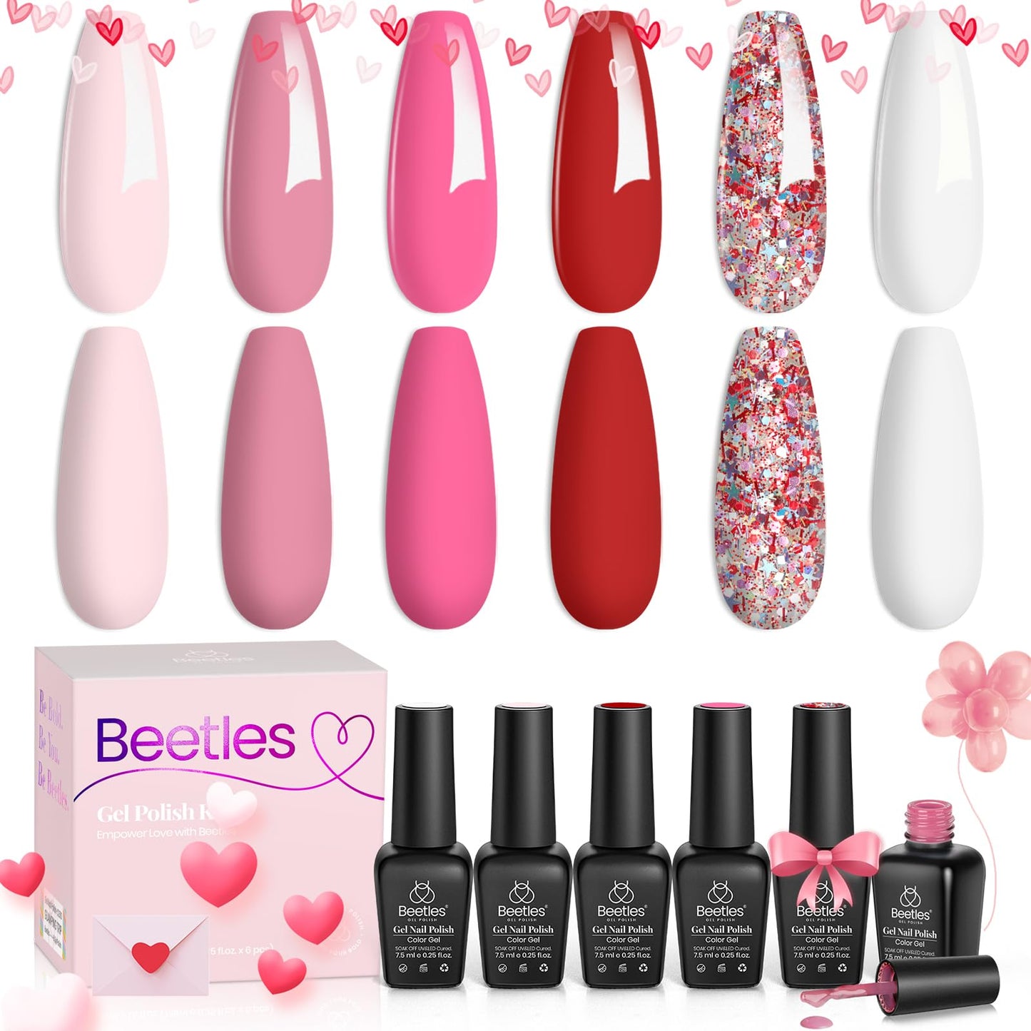 Beetles Juego de esmaltes de uñas de gel, 6 colores, rosa, rojo, kit de uñas de gel, colección Fall in Love, gel rosa con purpurina, lámpara de uñas LED ultravioleta, kit de manicura, regalos para mujeres