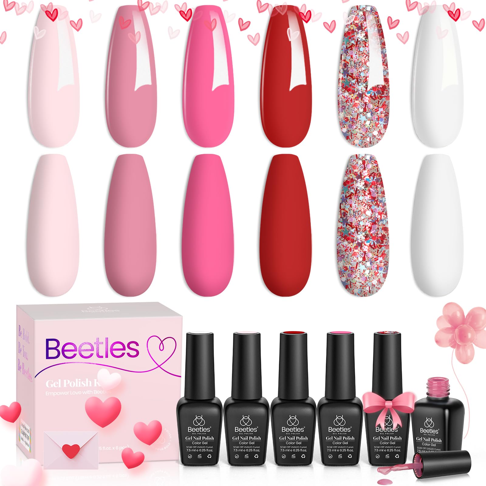 Beetles Juego de esmaltes de uñas de gel, 6 colores, rosa, rojo, kit de uñas de gel, colección Fall in Love, gel rosa con purpurina, lámpara de uñas LED ultravioleta, kit de manicura, regalos para mujeres