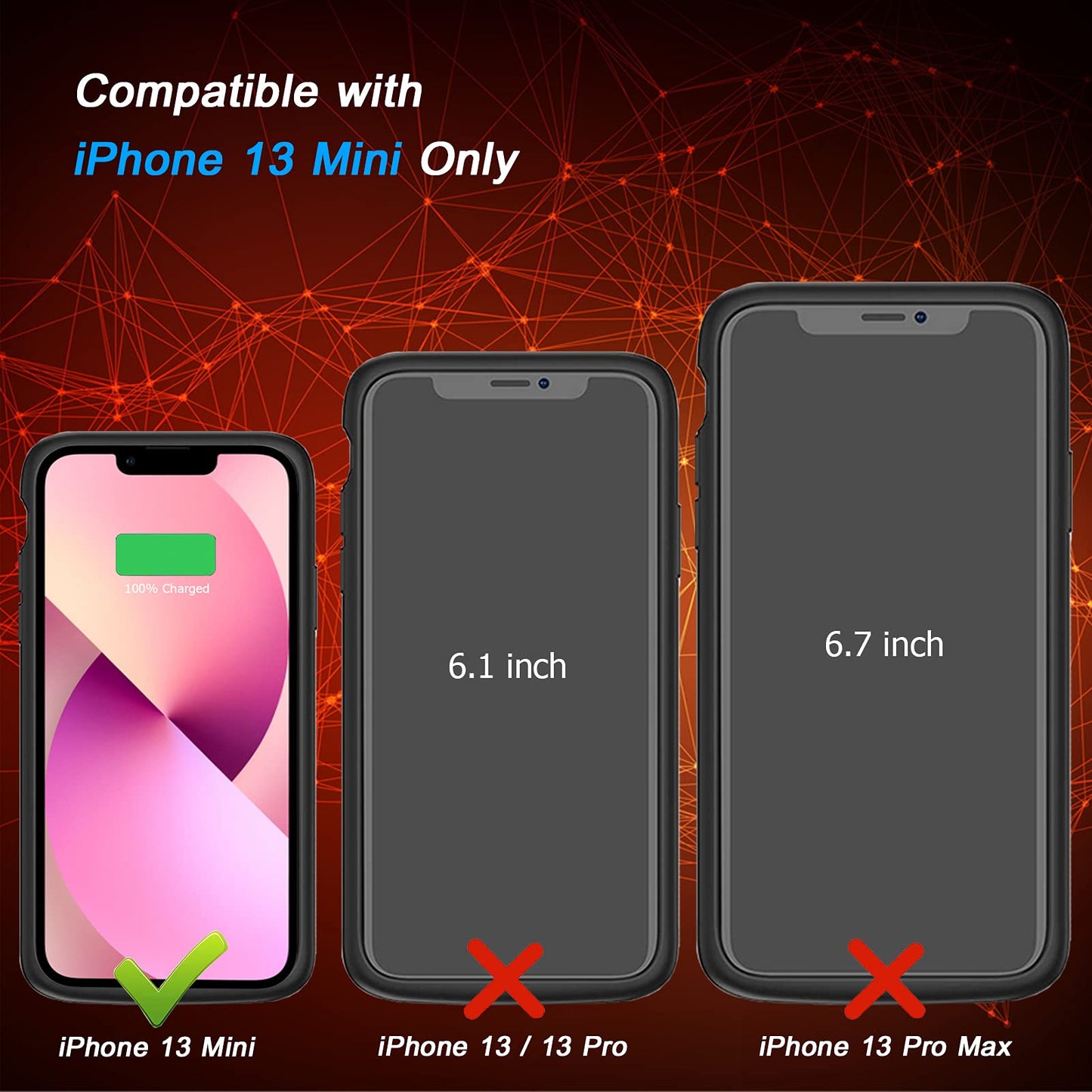 BOVSRT - Funda de batería para iPhone 13 Mini, 6500 mAh, delgada, recargable, inteligente, de carga extendida, con alta capacidad, protección de alto impacto, color negro