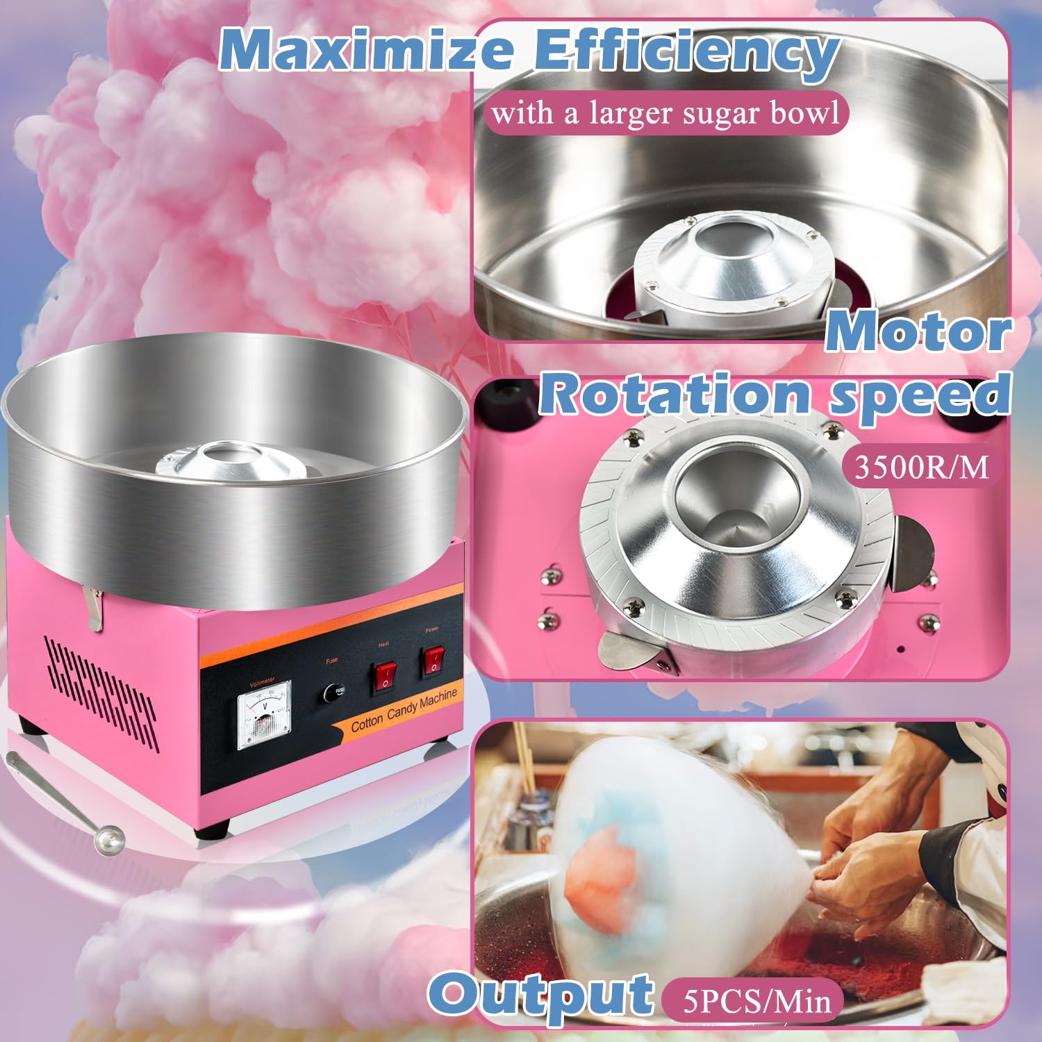 Máquina comercial de algodón de caramelo, máquina de algodón de 110 V 1000 W, máquina de hacer hilo de caramelo, hacer malvaviscos, con tazón de acero inoxidable, cuchara de azúcar, revestimiento
