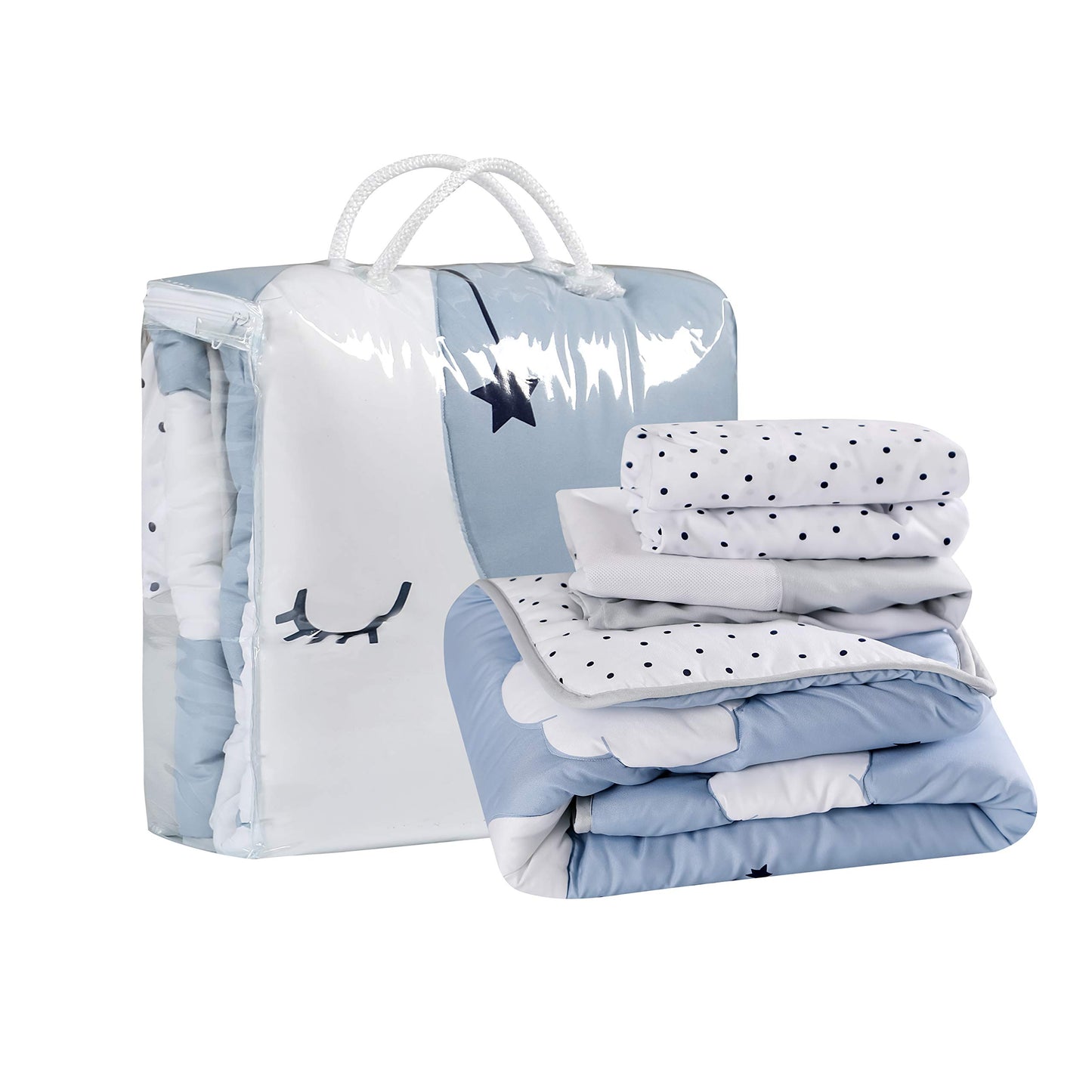 La Premura Sleeping Moon - Juego de ropa de cama para cuna de bebé, 3 piezas, tamaño estándar, color azul y gris