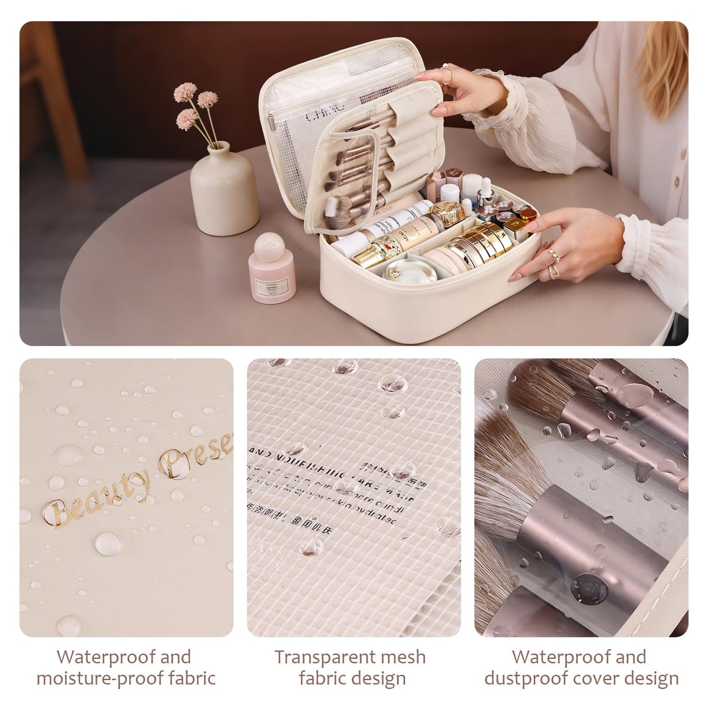 Sertin - Bolsa de maquillaje de alta calidad para mujer, organizador de bolsas de cosméticos de viaje de gran capacidad con múltiples compartimentos, bolsa de aseo resistente al agua para uso diario y
