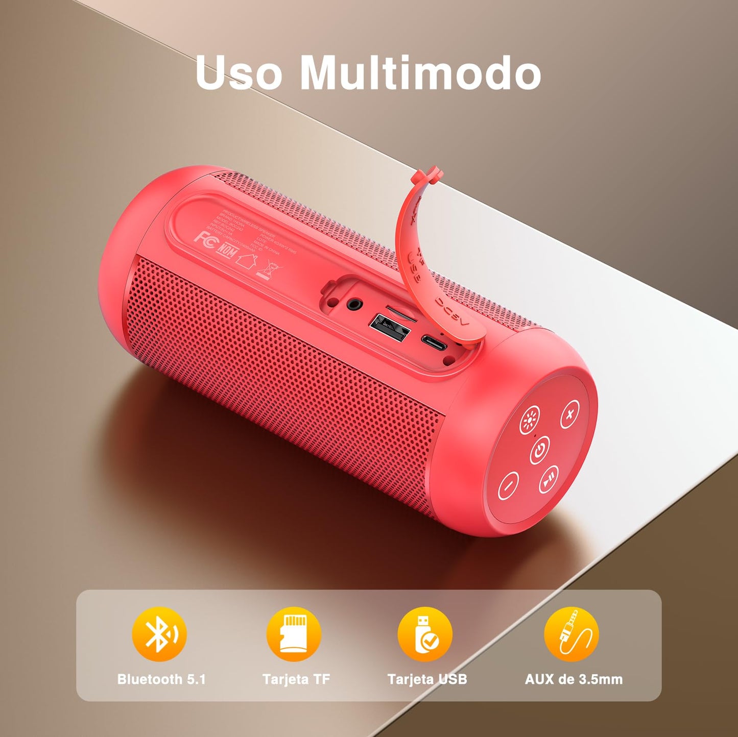 Bocina Bluetooth Portátil Hora Rojo con Iluminación RGB Ajustable y Emparejamiento Dual TWS