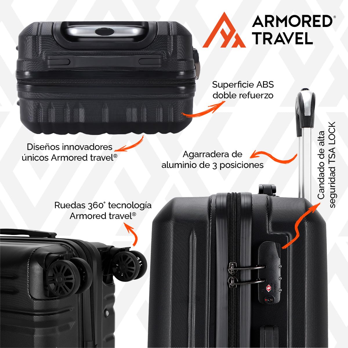 Maleta De Viaje Carry On 20" de Mano Cabina 10kg Rígida Doble Refuerzo Con * TSA Lock * Luggage suitcase Armored Travel (Negro)