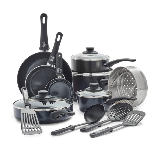 Greenlife Batería de cocina, de cerámica, antiadherente, agarre suave, Negro diamond, 16 piezas, 1