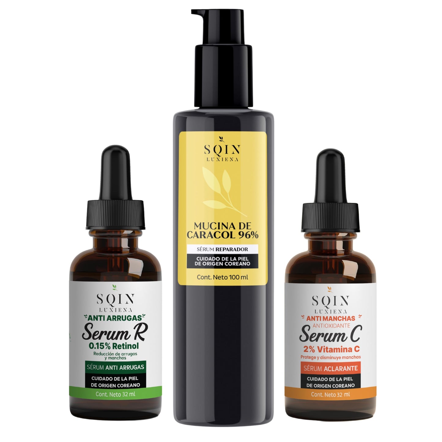 Sqin Luxiena Kit Skin Care 3 Serums Faciales Día y Noche: Vitamina C 2%, Retinol 0.15% y Baba de Caracol 96% . Hidratante Facial, Suero Facial Anti manchas con Vitamina C + E, Serum Profesional Antiarrugas + Antioxidante. Set Antienvejecimiento.