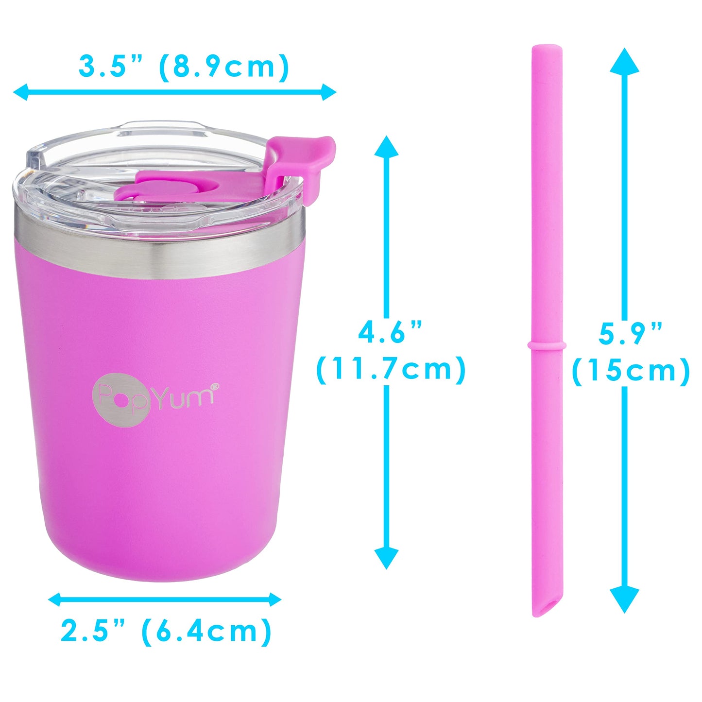 PopYum - Tazas para niños de acero inoxidable aisladas de 266 ml con tapa y popote, 2 unidades, púrpura, rosa, apilables, con borde de aprendizaje, para bebé, niño, niño pequeño, vaso, de doble pared
