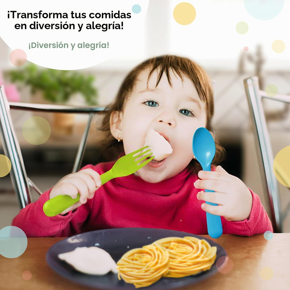Plaskidy - Juego de utensilios de plástico para niños pequeños, 8 tenedores y 8 cucharas para niños, sin BPA, apto para lavaplatos, cubiertos de colores brillantes, ideal para niños pequeños