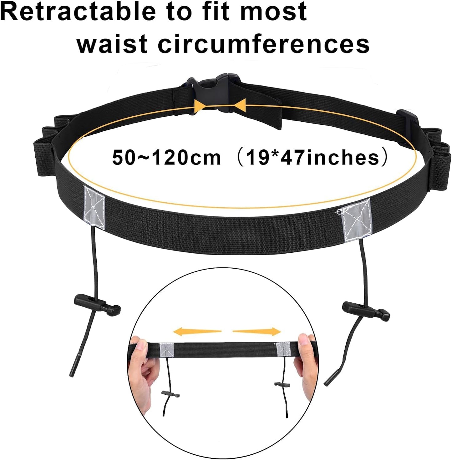 Cinturón de Números de Carrera con 6 Bucles de Gel, 2 Pcs Cinturón de Carreras de Triatlón, Cinturón Elástico para Correr con Tiras Reflectantes, Ajustable, para Triatlón, Maratón (Negro)