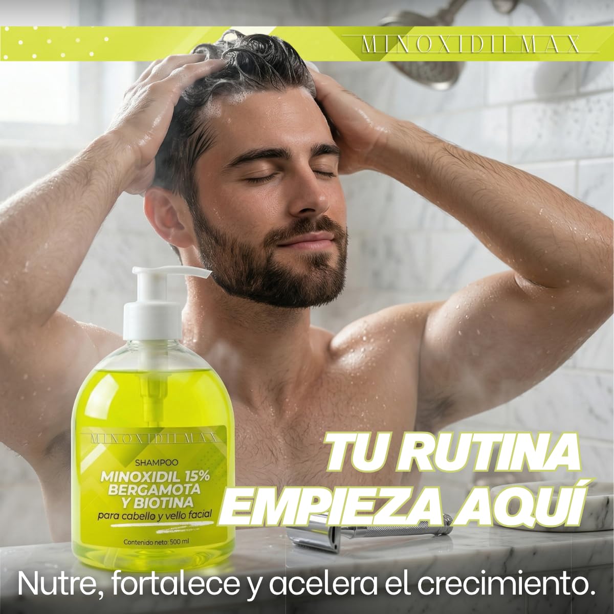Shampoo Minoxidilmax Bergamota Biotina Crecimiento Cabello y Barba