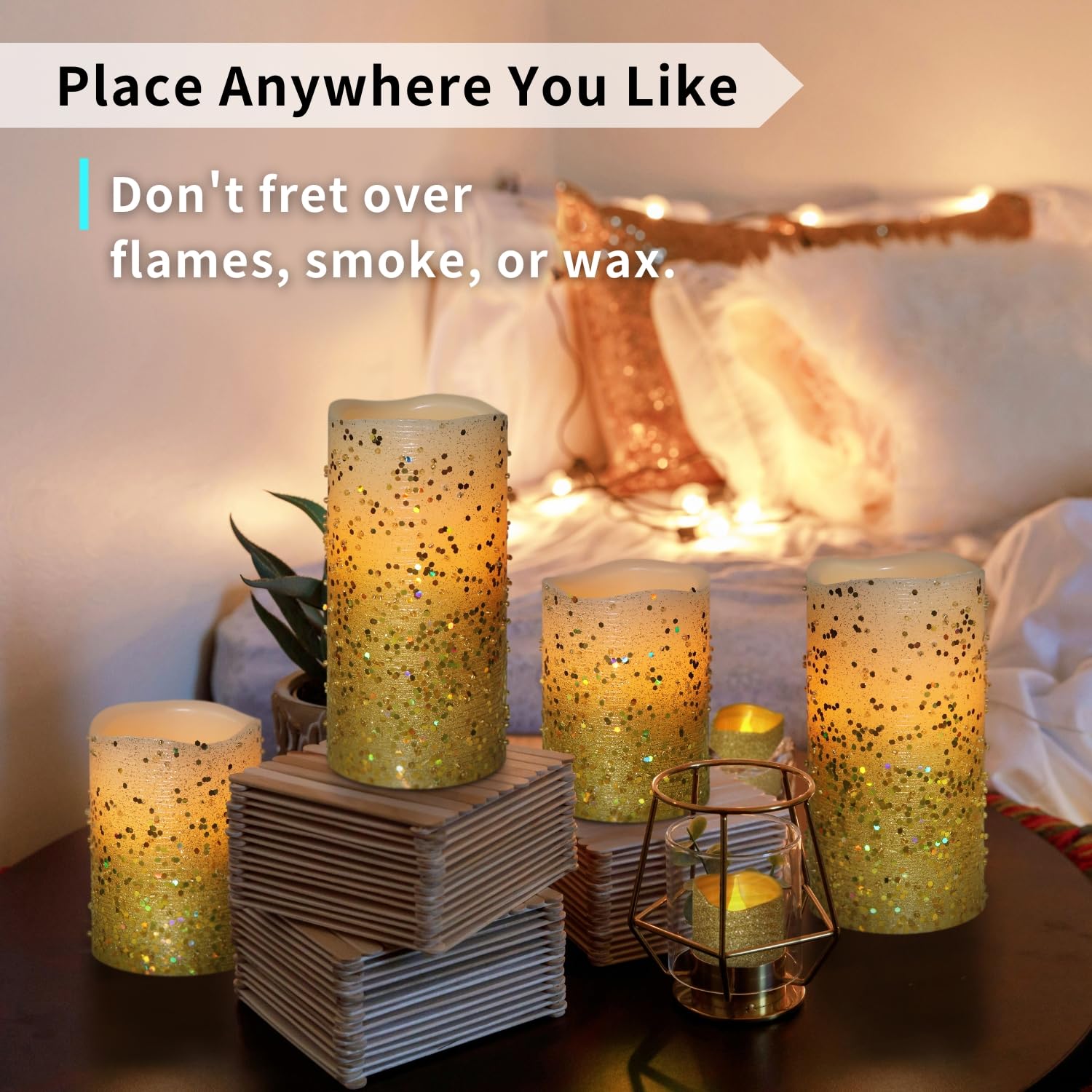 Furora LIGHTING Velas LED sin llama con mando a distancia, juego de 8, funciona con pilares y votivas de cera real, velas LED con llama parpadeante y temporizador, borde dorado…