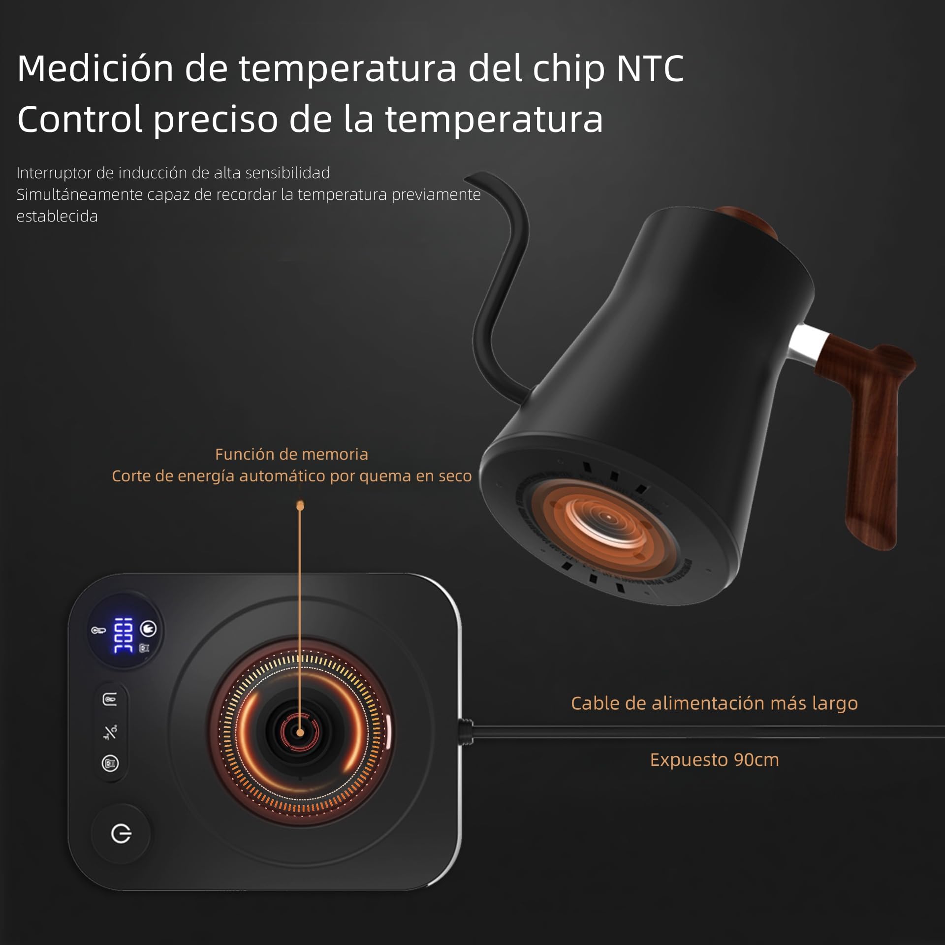 Hervidor Eléctrico de Cuello de Cisne de 1 L, Control de Temperatura Preciso de 1°C, Interior de Acero Inoxidable, 1200 W, Adecuado para la Preparación de Café Profesional., Negro Mate